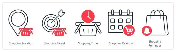 A set of 5 Shopping icons as shopping location, shopping target, shopping time vector