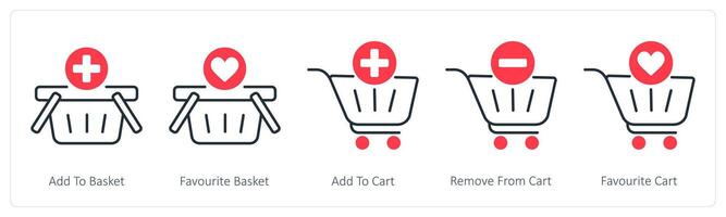 A set of 5 Shopping icons as add to basket, favorite basket, add to cart vector