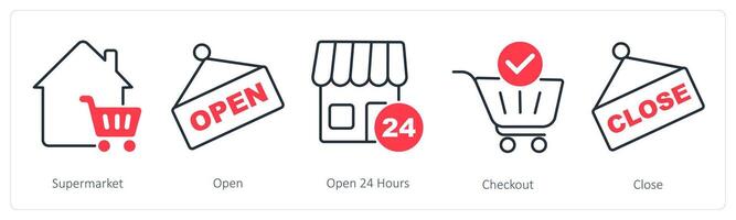 A set of 5 Shopping icons as supermarket, open, open 24 hours vector