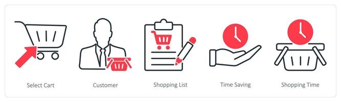 A set of 5 Shopping icons as select cart, customer, shopping list vector