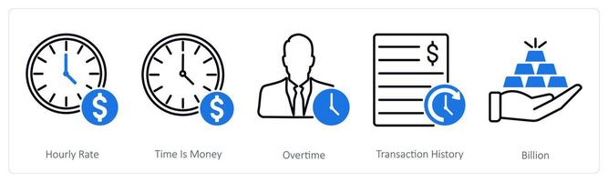 A set of 5 Banking icons as hourly rate, time is money, overtime vector