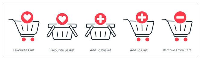 A set of 5 Shopping icons as favorite cart, favorite basket, add to basket vector
