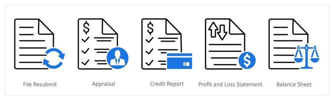 A set of 5 Banking icons as file resubmit, appraisal, credit report, profit and loss statement vector