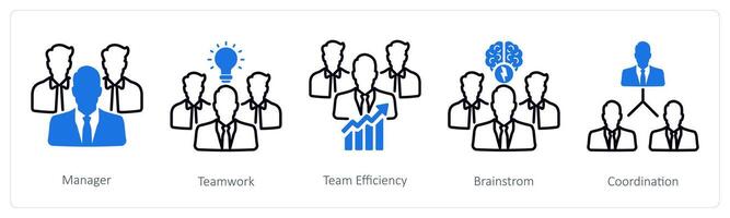 A set of 5 Business and Office icons as manager, teamwork, team efficiency vector