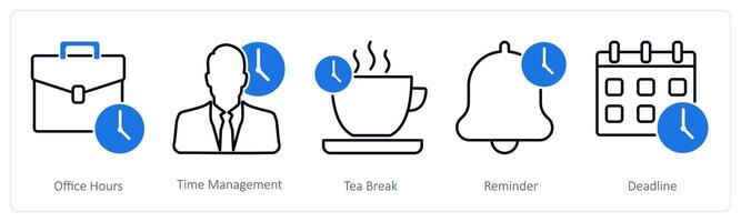 A set of 5 Business and Office icons as office hours, time management, tea break vector