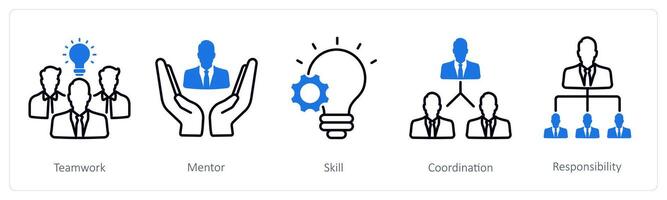 A set of 5 Business and Office icons as teamwork, mentor, skill vector