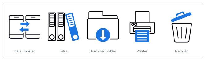 A set of 5 Business and Office icons as data transfer, files, download folder vector
