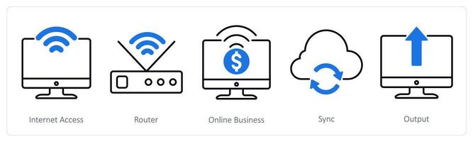 A set of 5 Business and Office icons as internet access, router, online business vector
