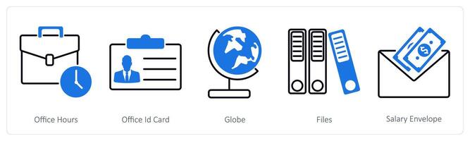 A set of 5 Business and Office icons as office hours, office id card, globe vector