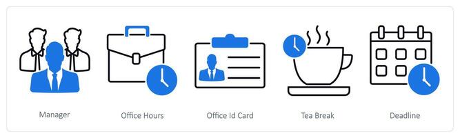 A set of 5 Business and Office icons as manager, office hours, office id card vector