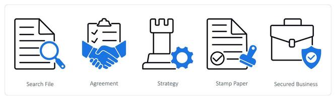 A set of 5 Business and Office icons as search file, agreement, strategy vector