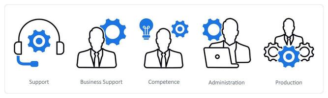 A set of 5 Business and Office icons as support, business support, competence vector