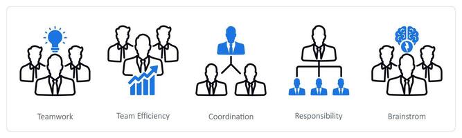A set of 5 Business and Office icons as teamwork, team efficiency, coordination vector