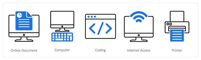 A set of 5 Business and Office icons as online document, computer, coding vector