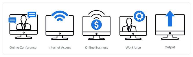 A set of 5 Business and Office icons as online conference, internet access, online business vector
