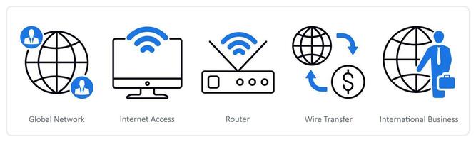 A set of 5 Business and Office icons as global network, internet access, router vector