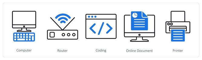 A set of 5 Business and Office icons as computer, router, coding vector