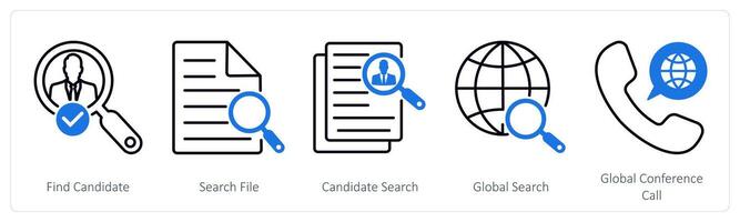 A set of 5 Business and Office icons as find candidate, search file, global search vector