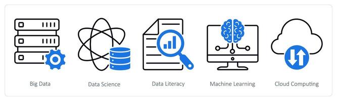 A set of 5 Industrial icons as big data, data science, data literacy vector