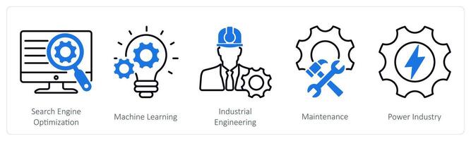 A set of 5 Industrial icons as search engine optimization, machine learning, industrial engineering vector