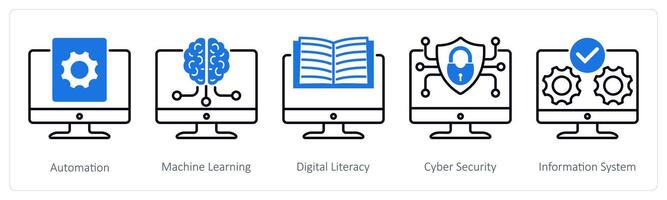 A set of 5 Industrial icons as automation, machine learning, digital literacy vector