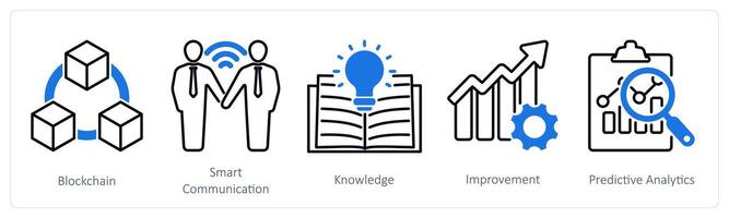 A set of 5 Industrial icons as blockchain, smart communication, knowledge vector