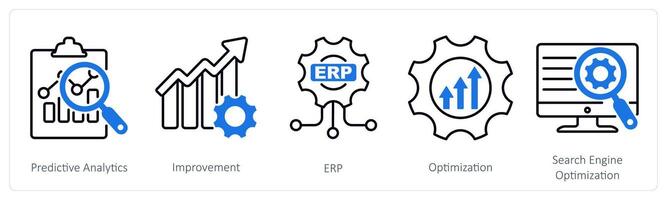 A set of 5 Industrial icons as predictive analytics, improvement, erp vector