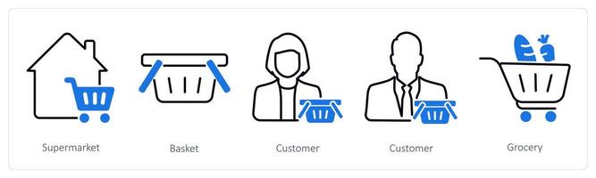 A set of 5 Shopping icons as supermarket, basket, customer vector