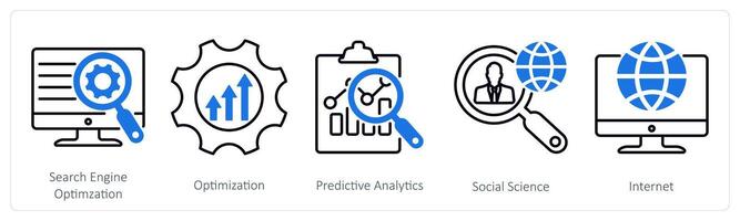 A set of 5 Industrial icons as search engine optimization, optimization, predictive analytics vector