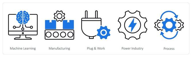 A set of 5 Industrial icons as machine learning, manufacturing, plug and work vector