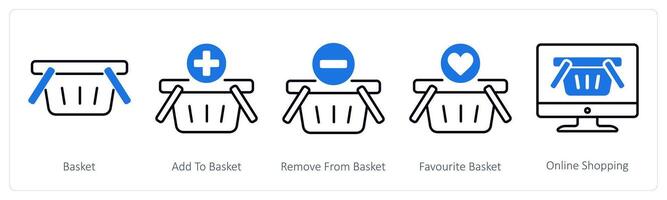 A set of 5 Shopping icons as basket, add to basket, remove from basket vector