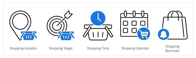 A set of 5 Shopping icons as shopping location, shopping target, shopping time vector