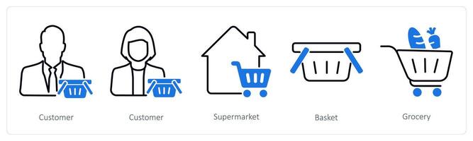 A set of 5 Shopping icons as customer, supermarket, basket vector