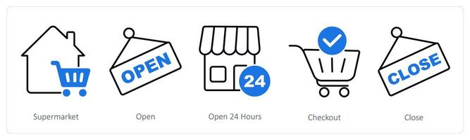 A set of 5 Shopping icons as supermarket, open, open 24 hours vector