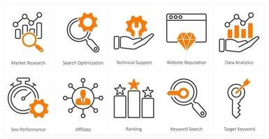 A set of 10 mix icons as market research, search optimization, technical support vector