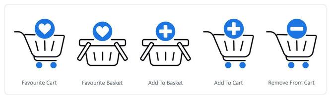 A set of 5 Shopping icons as favorite cart, favorite basket, add to basket vector