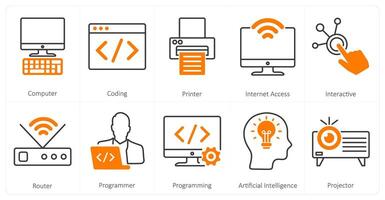 A set of 10 mix icons as computer, coding, printer vector