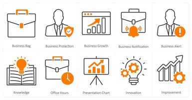 A set of 10 mix icons as business bag, business protection, business growth vector
