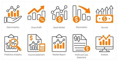 A set of 10 mix icons as data analytics, gross profit, stock market vector