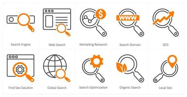 A set of 10 mix icons as search engine, web search, marketing research vector