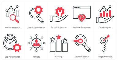 A set of 10 mix icons as market research, search optimization, technical support vector