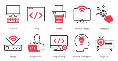A set of 10 mix icons as computer, coding, printer vector