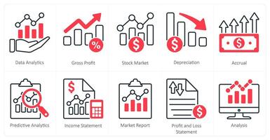 A set of 10 mix icons as data analytics, gross profit, stock market vector