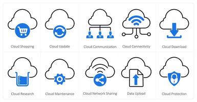 A set of 10 mix icons as cloud shopping, cloud update, cloud communicatio vector