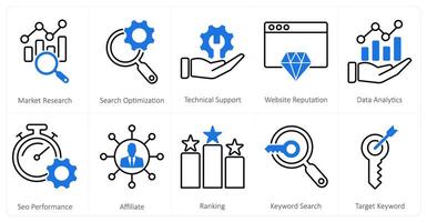 A set of 10 mix icons as market research, search optimization, technical support vector