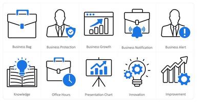 A set of 10 mix icons as business bag, business protection, business growth vector