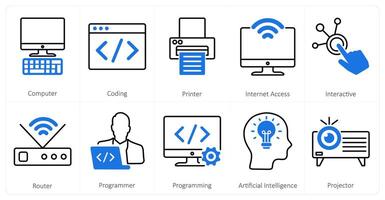A set of 10 mix icons as computer, coding, printer vector