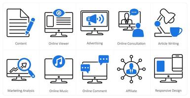 A set of 10 mix icons as content, online viewer, advertising vector