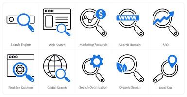 A set of 10 mix icons as search engine, web search, marketing research vector