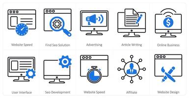 A set of 10 mix icons as website speed, find seo solution, advertising vector